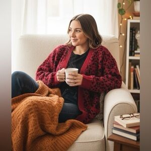 Seven Forty Two Red Black Leopard Print Cardigan Medium